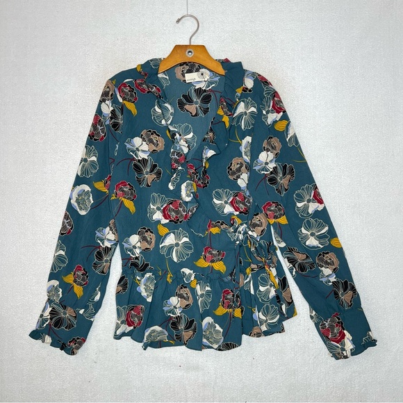 everleigh Tops - Anthropologie Everleigh Blue Floral Ruffle Wrap Blouse Peasant Womens Size XL